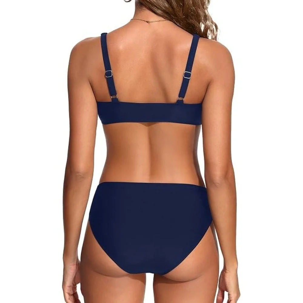 Yonique Women Navy Blue Twist Front High Waisted Bikini Set Two Piece Swimsuit L